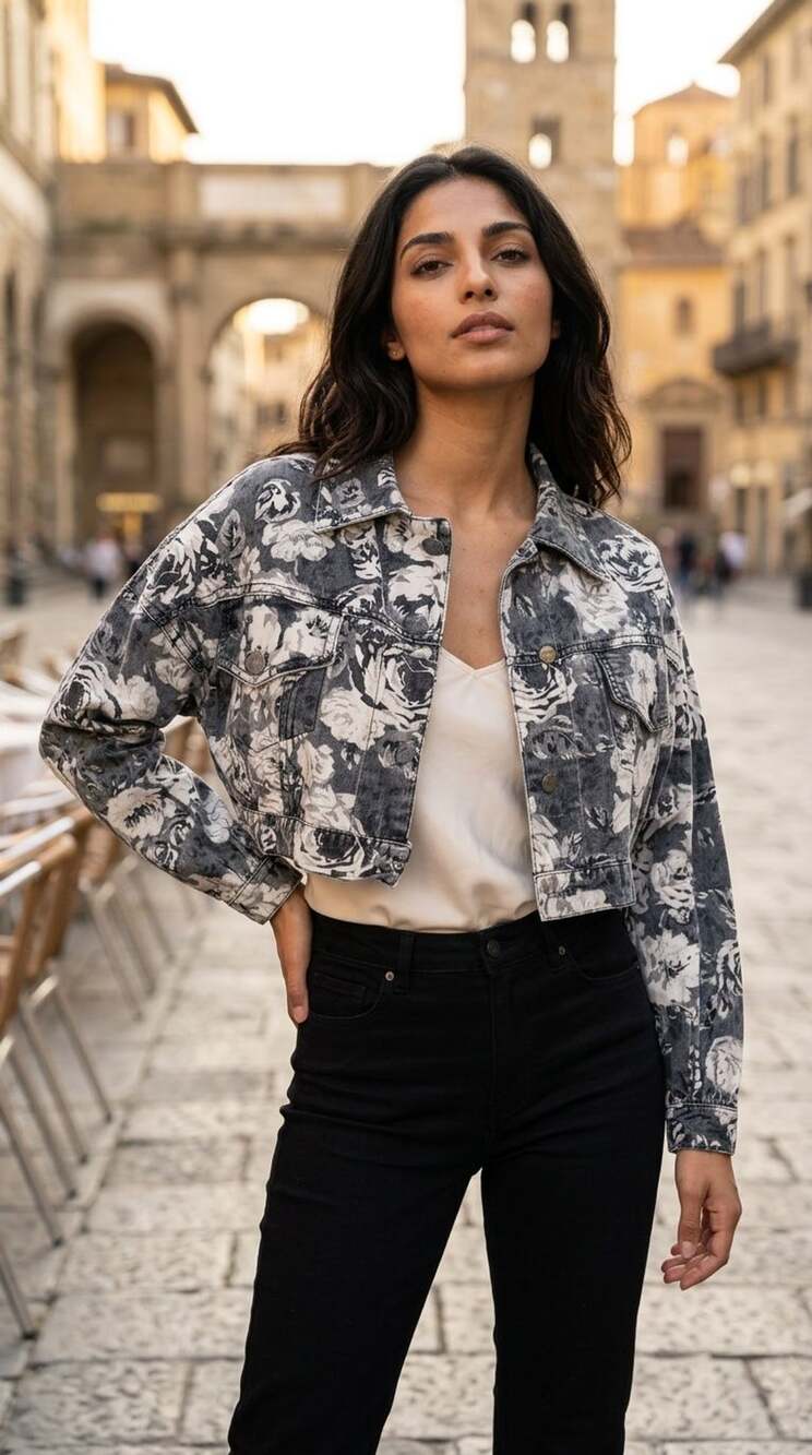 Aztec Casual Women's Monochrome Floral Print Cropped Denim Jacket
